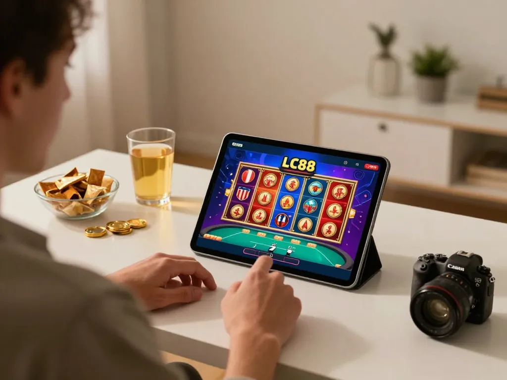 Engaging with LC88 casino app on a tablet in a cozy home setting.