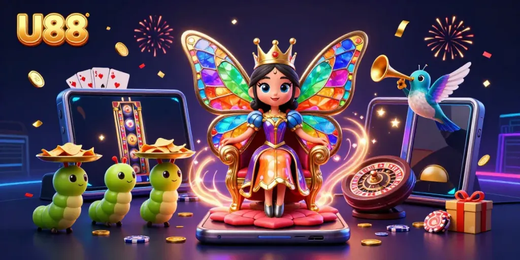 Experience the vibrant magic of U88's casino with colorful characters and exciting gaming elements.