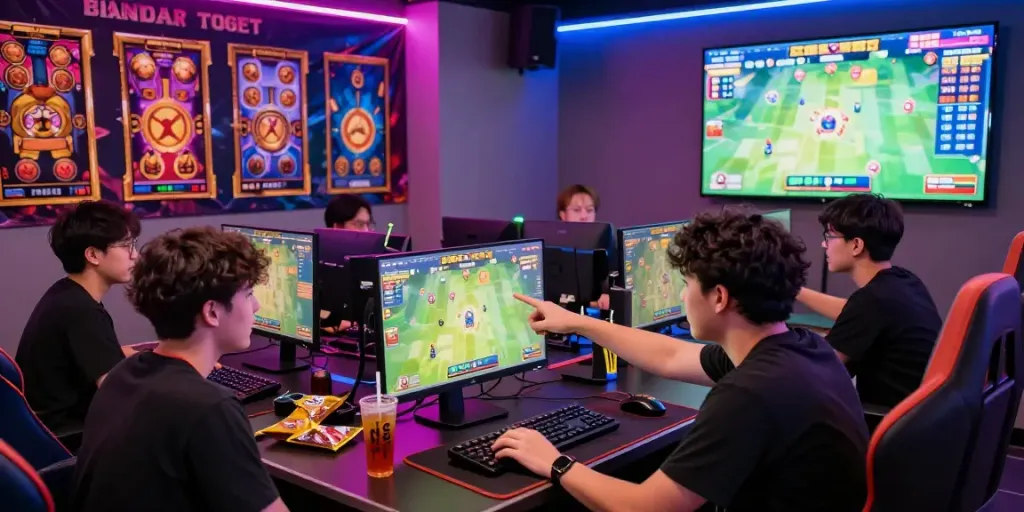 Group of players enjoying Bandar Togel in a modern gaming lounge, showcasing excitement and camaraderie in an engaging environment.