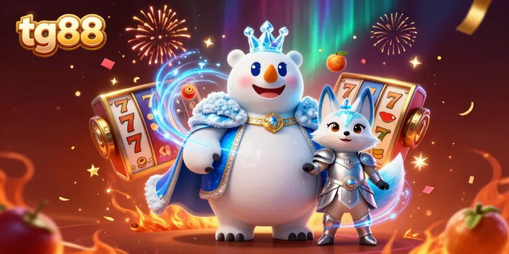 Experience thrilling slots gameplay at tg88 with vibrant characters and festive decorations in a lively casino atmosphere.
