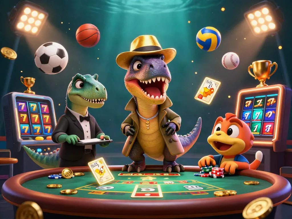 LGOSUPER offers a thrilling illustration of a velociraptor card counter at a dynamic casino scene with various gaming elements.