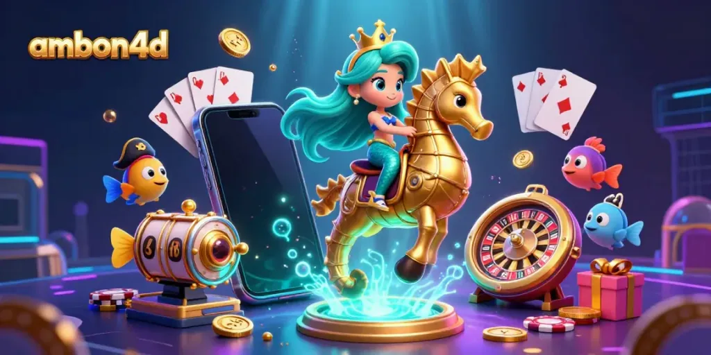 Explore ambon4d with a vibrant illustration of a mermaid princess in a dynamic casino setting, showcasing exciting gaming elements.