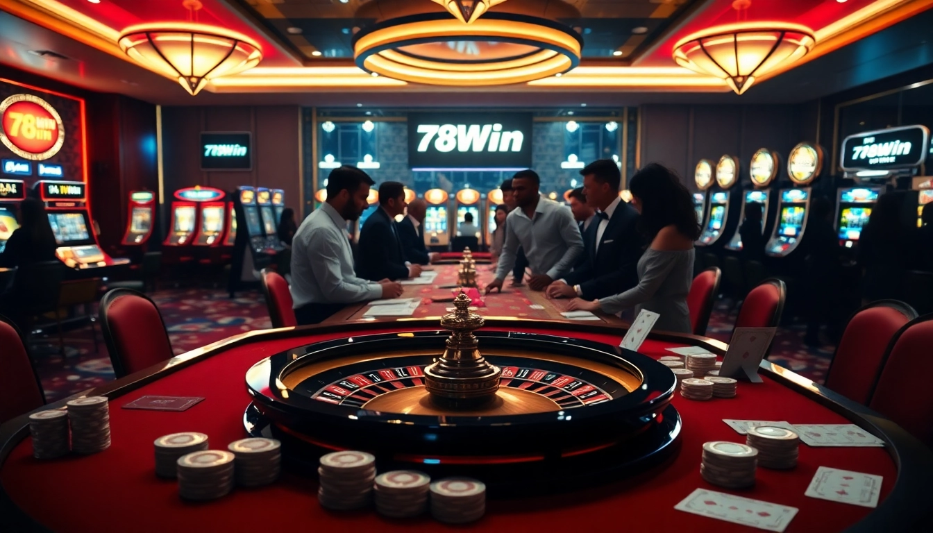 Players examining their strategies at a luxurious 78Win casino table filled with excitement.
