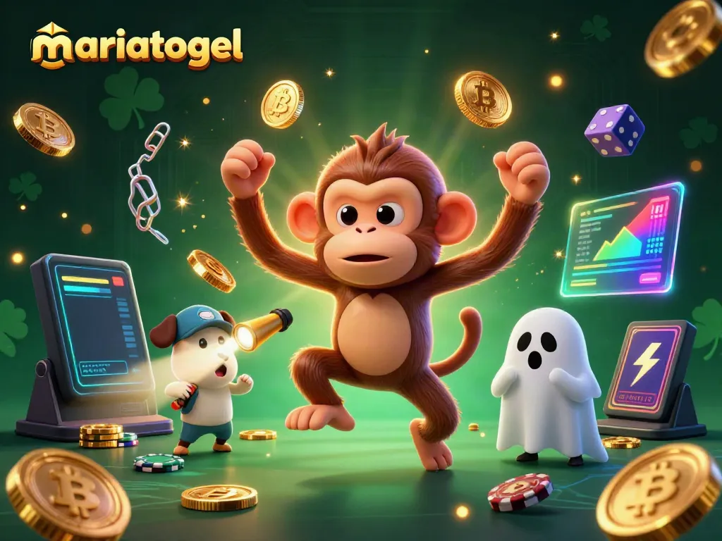Mariatogel visuals showcase a playful poltergeist monkey juggling gold items in a lively casino atmosphere.