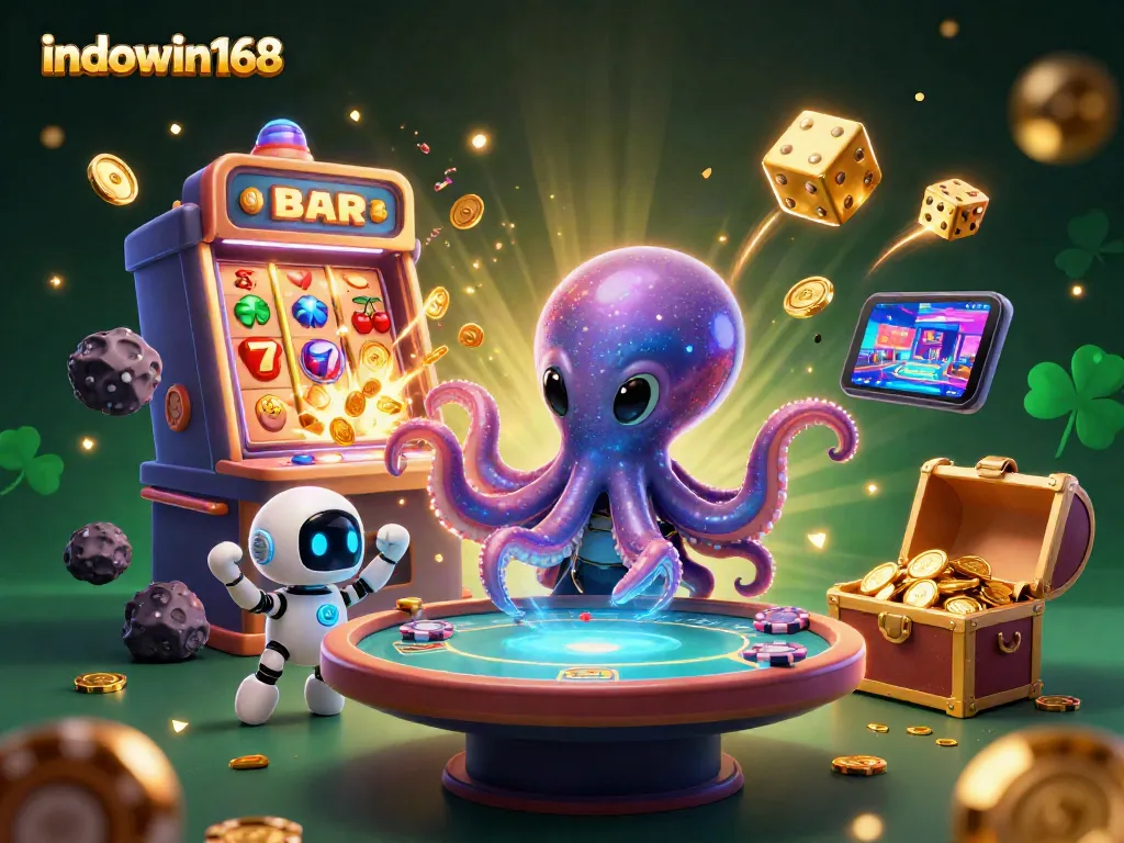 Engage with indowin168's 3D alien octopus at a vibrant casino, featuring dynamic poker elements.