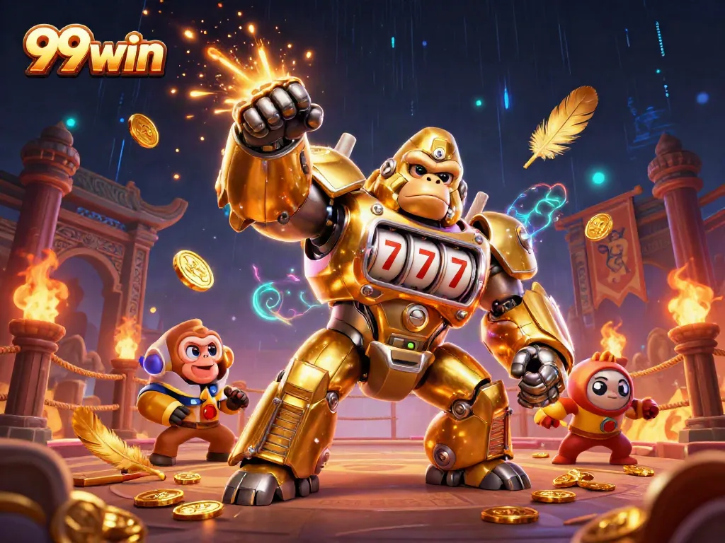 Engage in thrilling action with 99win's vibrant slots adventure featuring a golden gorilla mech.
