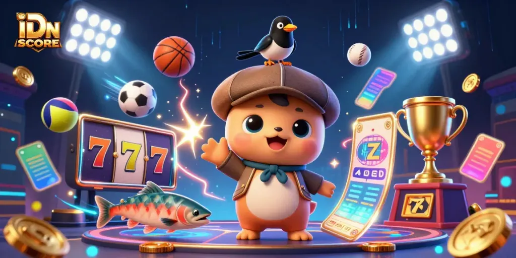 An exciting IDNSCORE-themed scene showcasing a playful cartoon Nessie and friends amid vibrant gaming elements.