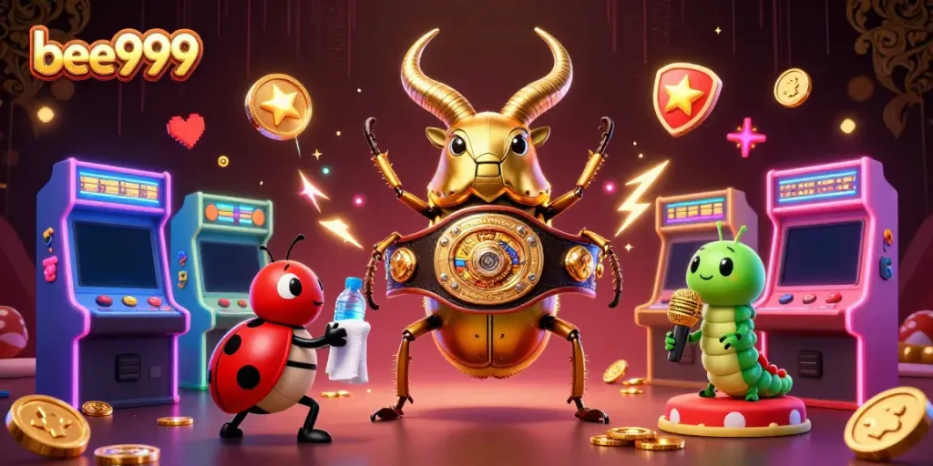 Engage in thrilling gameplay with bee999, where a giant beetle prepares for a boxing match amidst vibrant casino elements.