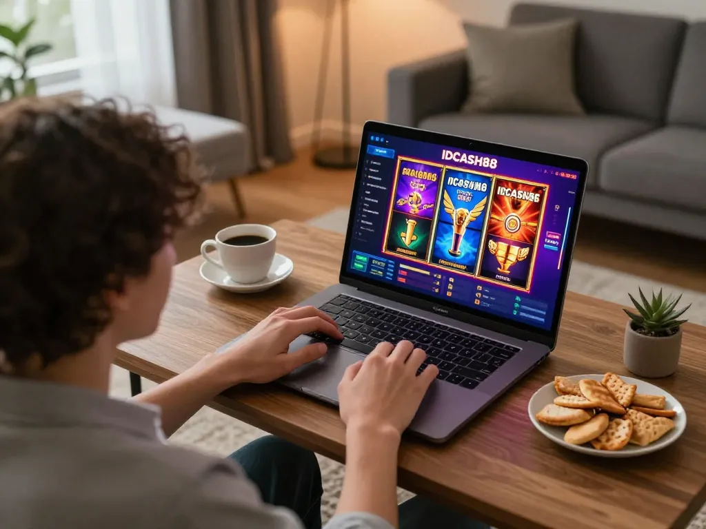 Engaging online gaming setup with IDCASH88 logo visible on a laptop screen, promoting strategic slot play