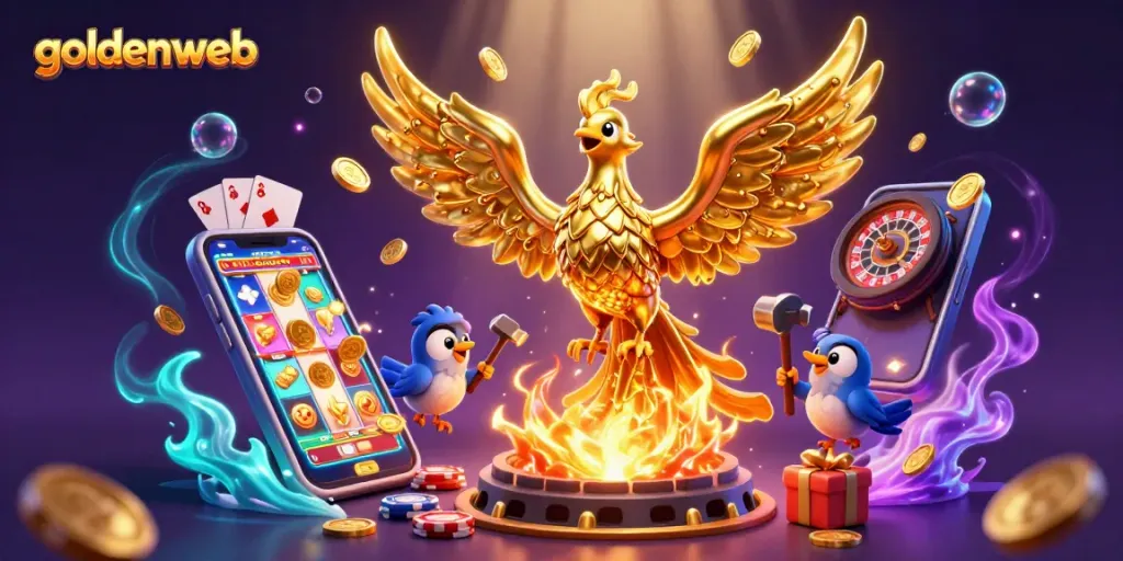 Goldenweb menawarkan permainan slot yang menarik dengan ilustrasi kasino berwarna-warni dan koin berkilau.