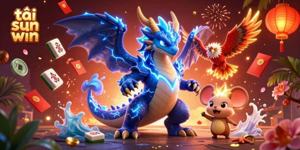 Experience the excitement of tải sun win with a vibrant illustration featuring unique characters and casino game elements.