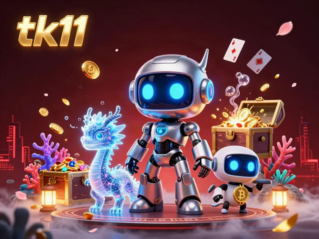 Experience the thrill of tk11 with vibrant casino elements and a cyberpunk mascot in this dynamic digital scene.