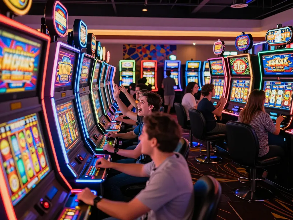 Players engaging at vibrant slot machines celebrating big wins in a lively casino atmosphere.
