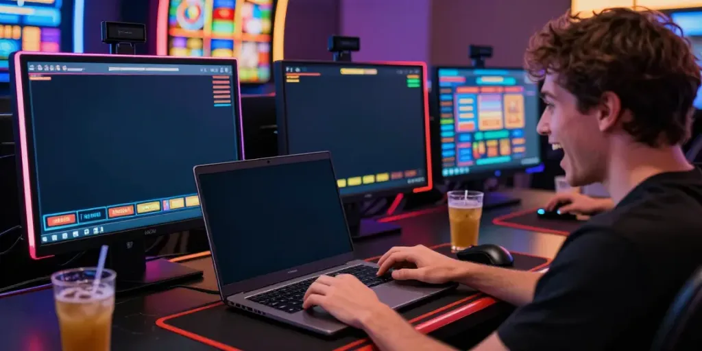 Engaging scene of situs KANTORBOLA with a gamer enjoying online slots and betting options.