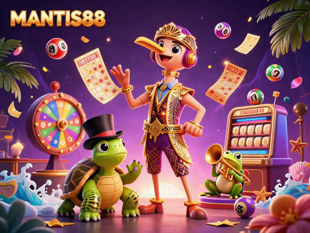 MANTIS88 presents a vibrant 3D scene of a cartoon crane, turtle, and frog engaging in lottery excitement.