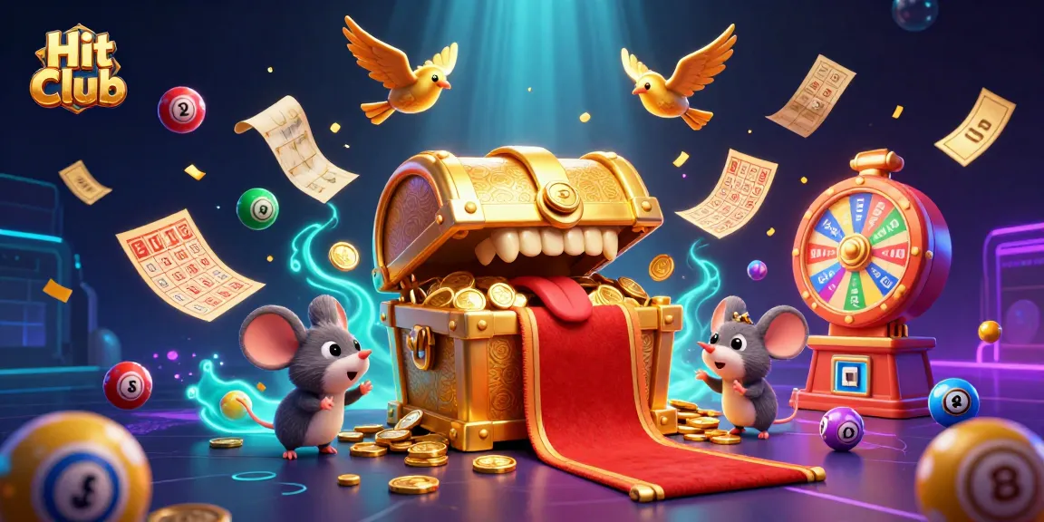 Experience the thrill of the Hit Club with an illustrated treasure chest enticing adventurer mice amid colorful lottery elements.