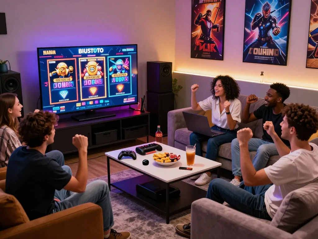 Exciting BIUSTOTO online slot gaming scene with friends cheering in a vibrant gaming room.