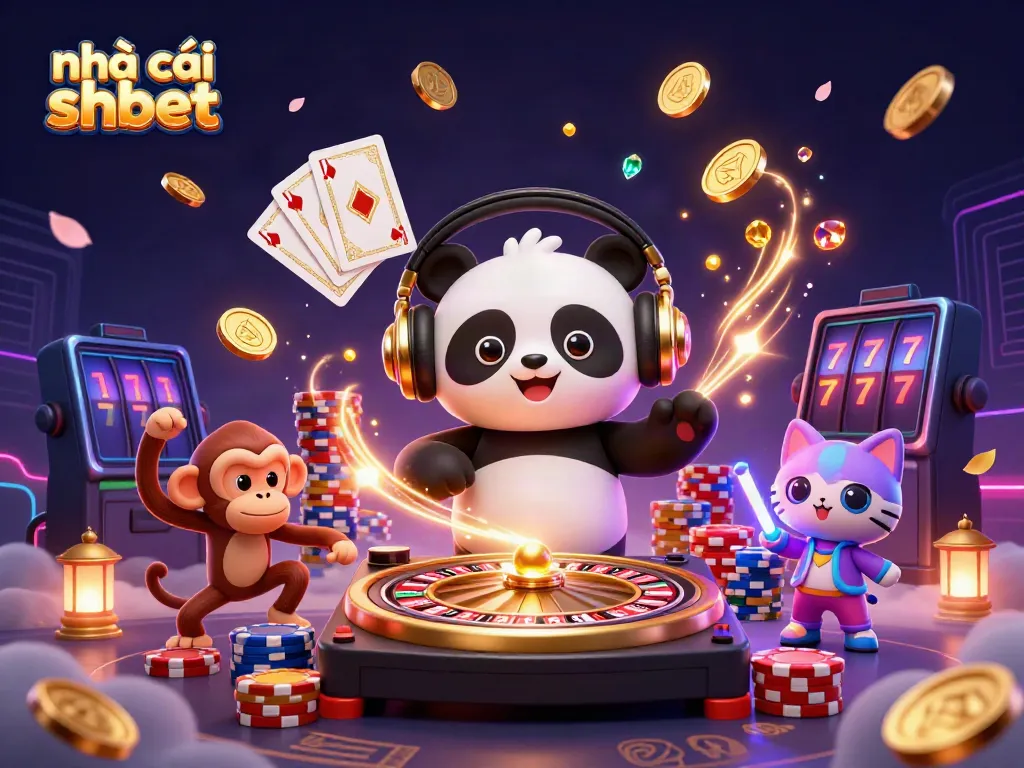 Engage with nhà cái shbet featuring animated casino characters spinning roulette wheels and dancing, amidst a rich display of coins.