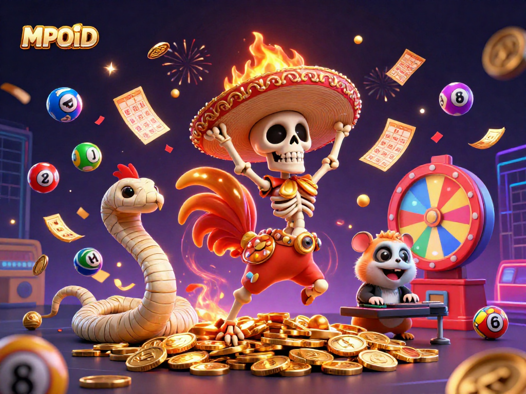 MPOID presents a vibrant scene with a dancing mariachi rooster, colorful lottery elements, and celebration effects.