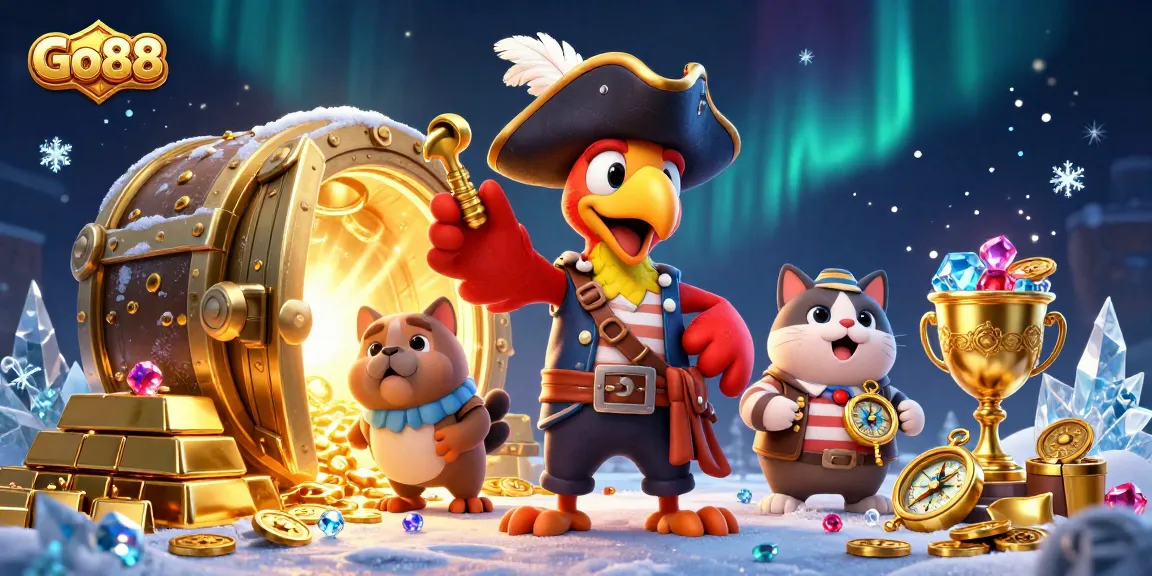 Go88-themed 3D illustration with dynamic gambling elements featuring characters and treasure.