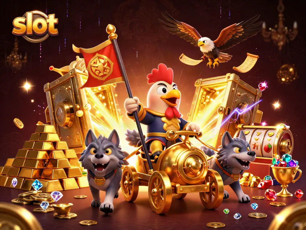 Slot yang menarik memperlihatkan karakter ayam jantan berperang di kereta emas dengan elemen kemenangan jackpot.