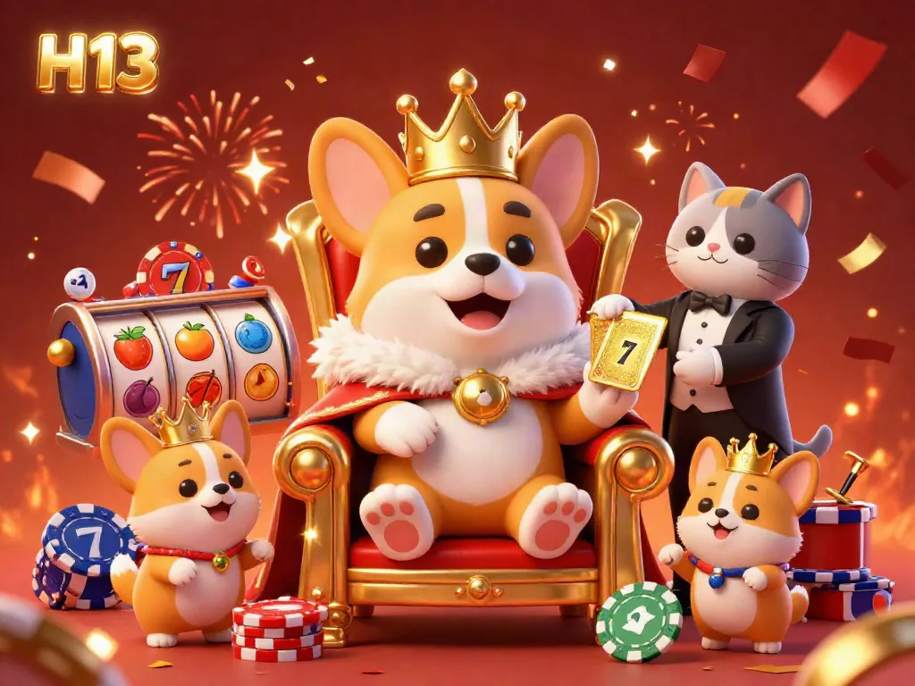 Spin and win at H13 casino with vibrant slot reels and festive characters in a colorful scene.