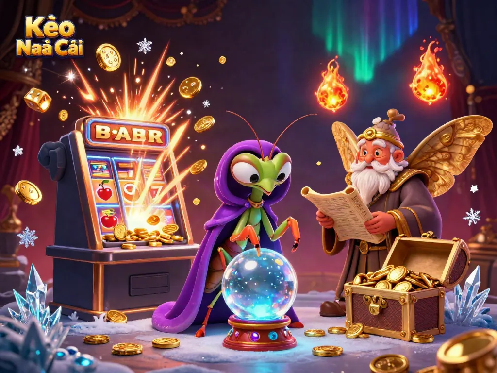 Bet on Kèo Nhà Cái with a vibrant 3D illustration featuring dynamic casino elements and fortune tellers.
