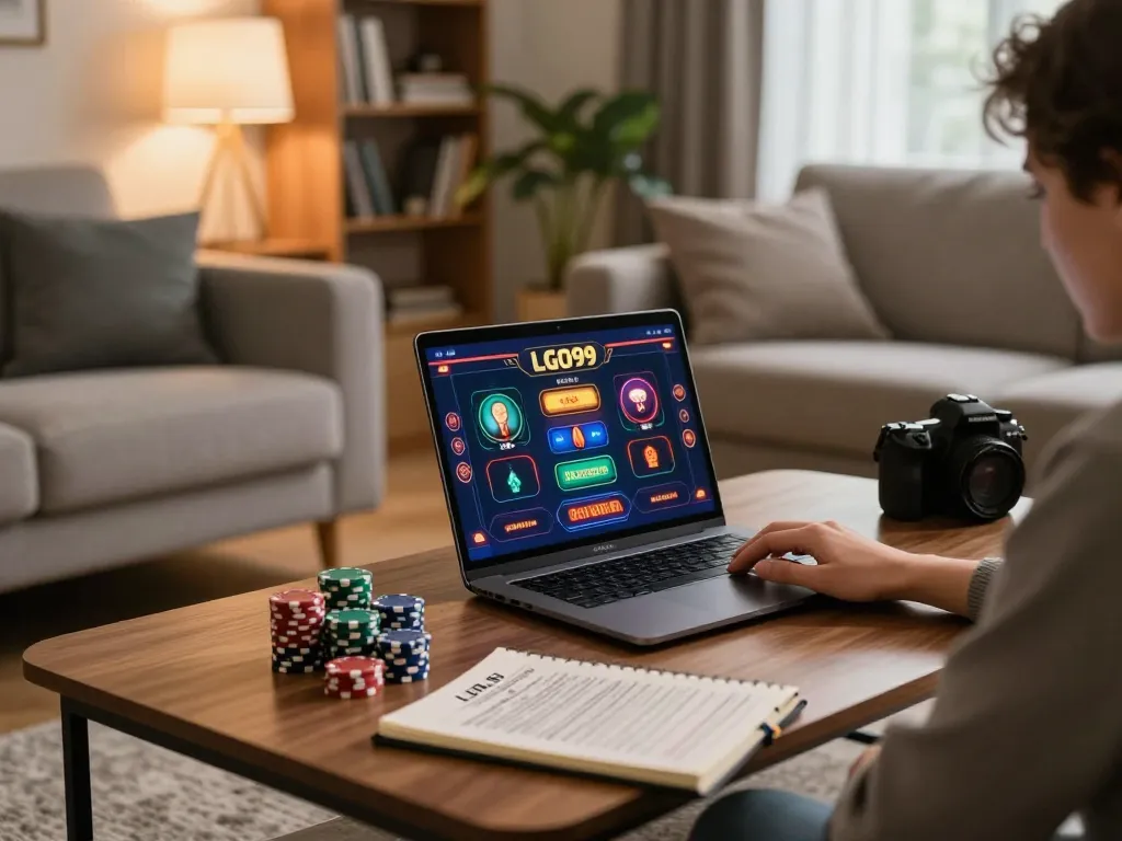 LGO99 online gaming session with a cozy setup, showcasing poker strategies and entertainment.