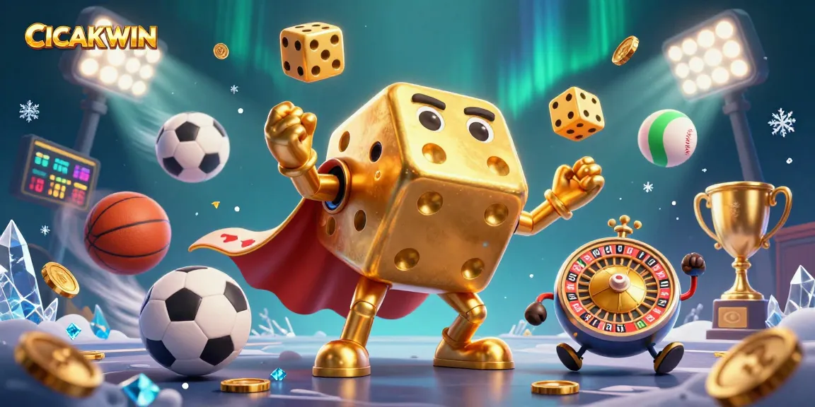 CICAKWIN showcases an epic gaming scene with dynamic characters, golden dice, and vibrant sports elements, perfect for online casino enthusiasts.