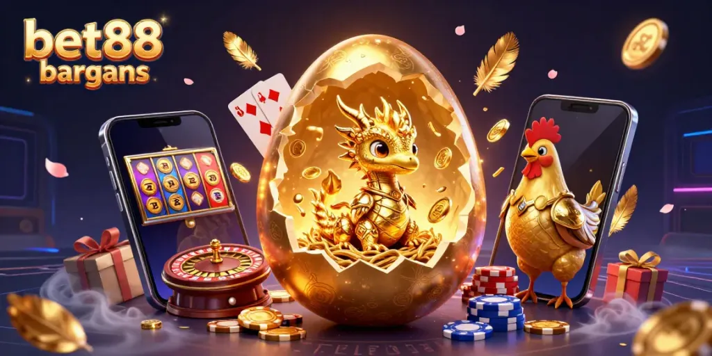 Bet88 bargains showcases a stunning 3D illustration of a golden dragon, poker chips, and vibrant casino elements.
