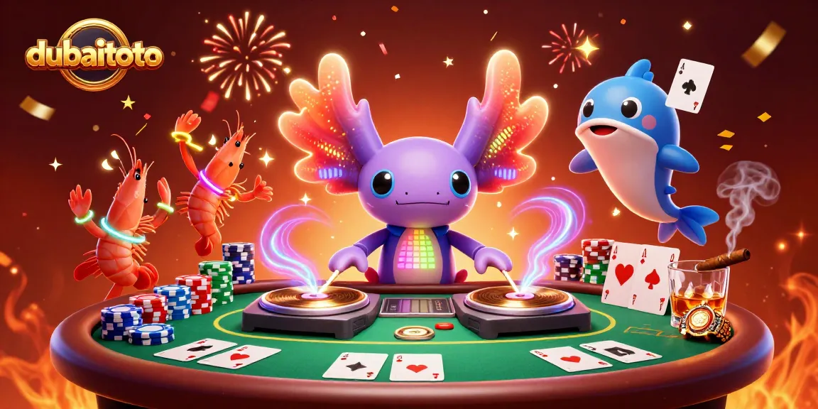 Join the dubaitoto fun as a vibrant axolotl DJ spins poker excitement with vibrant shrimp dancers!