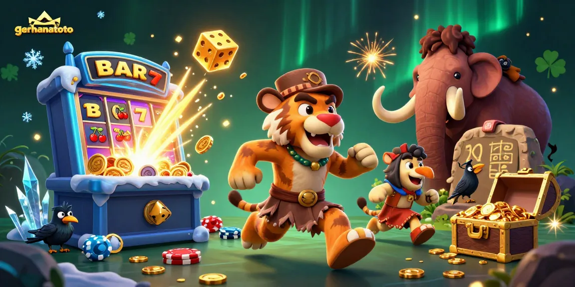 Gambarkan keseruan gerhanatoto dengan manusia gua dan harimau sabertooth di kasino prasejarah