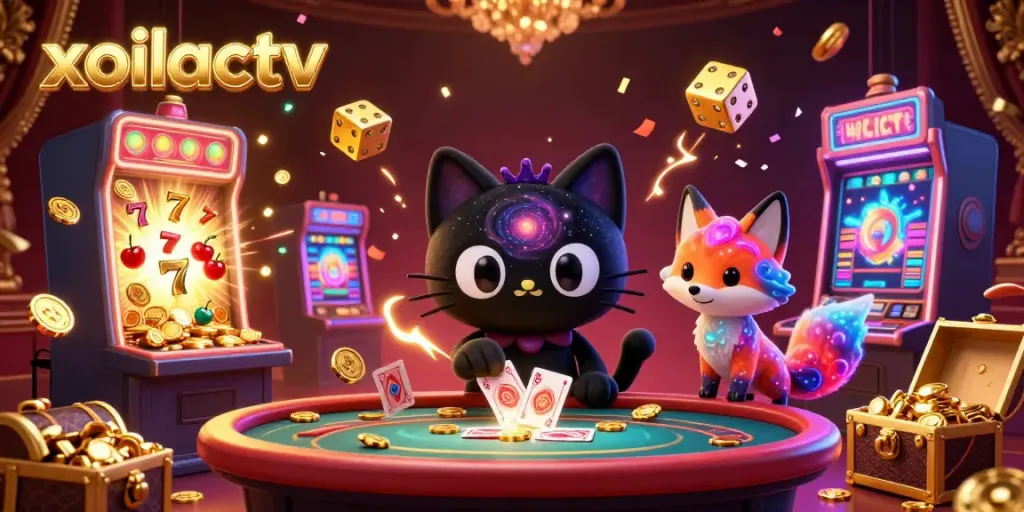 Xoilactv features a cosmic gaming scene with a black hole cat pulling in casino chips, embodying high-energy gambling.