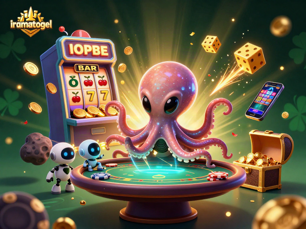 Gambar iramatogel memperlihatkan alien octopus bermain poker di dunia kasino yang cerah.