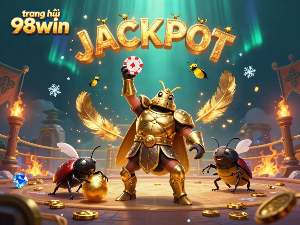 Experience the excitement at trang chủ 98win with a vibrant 3D illustration showcasing a victorious beetle lifting a poker chip.