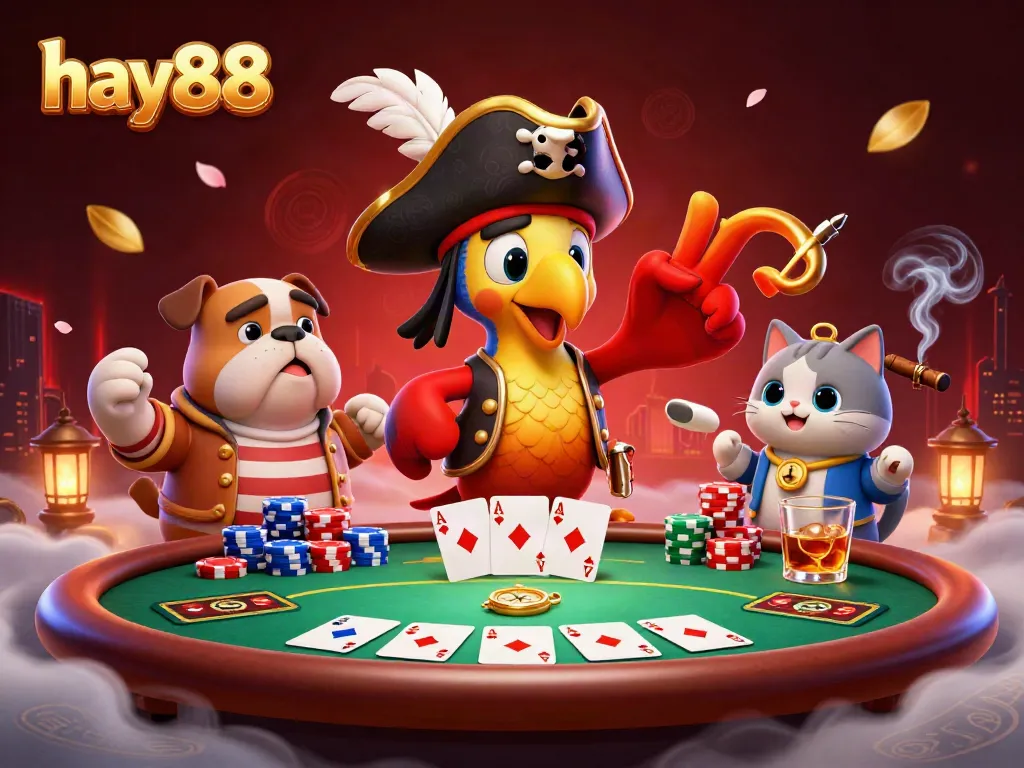 Experience the thrilling atmosphere of hay88 with dynamic casino characters, poker chips, and cards.
