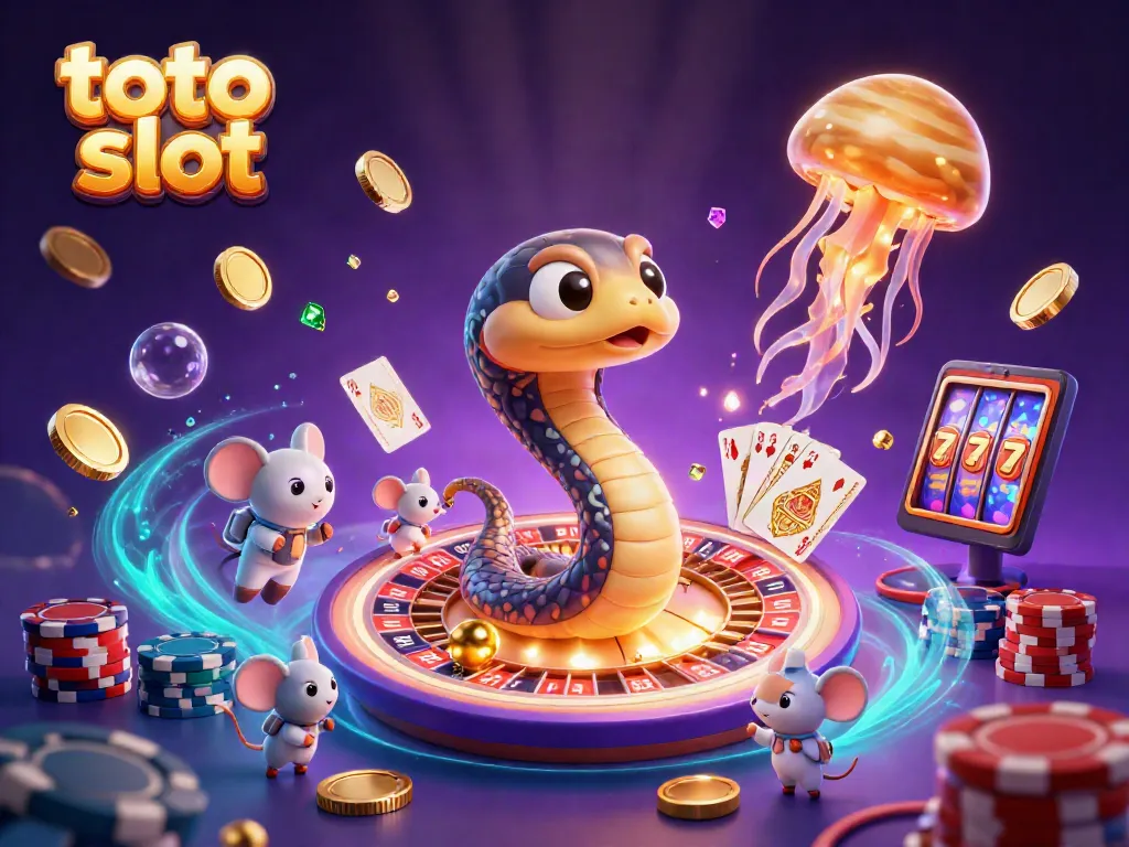 Bet on the lively toto slot scene with a Saturn ring snake and vibrant casino elements.