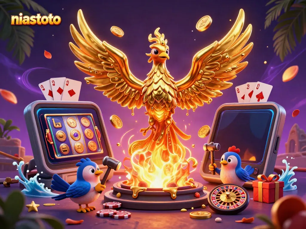 Ilustrasi 3D niastoto menunjukkan phoenix emas dan permainan slot menarik, memberikan peluang menang.