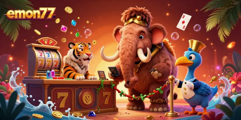 Experience the excitement of emon77 with a vibrant illustration of dynamic casino elements and characters.