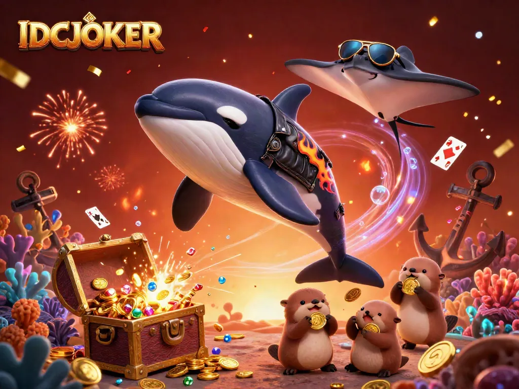 Engage players with IDCJOKER imagery featuring an orca, stingray, and otters amidst treasure and confetti.