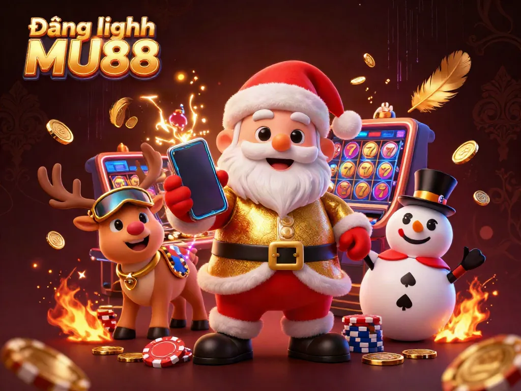 Experience Đăng nhập MU88 with a festive casino scene featuring Santa and his friends celebrating jackpot wins.