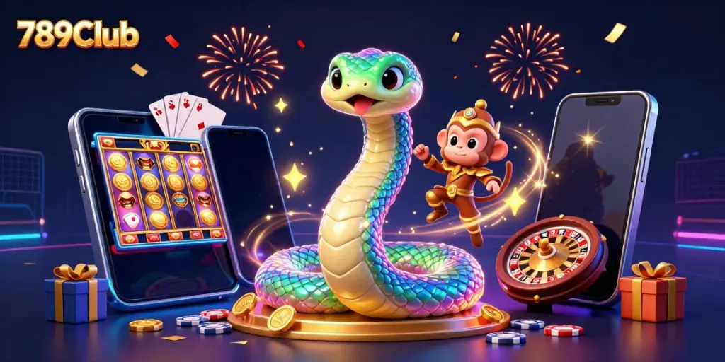 Experience the thrill of 789Club with a dazzling 3D illustrated scene featuring vibrant characters and dynamic gaming elements.