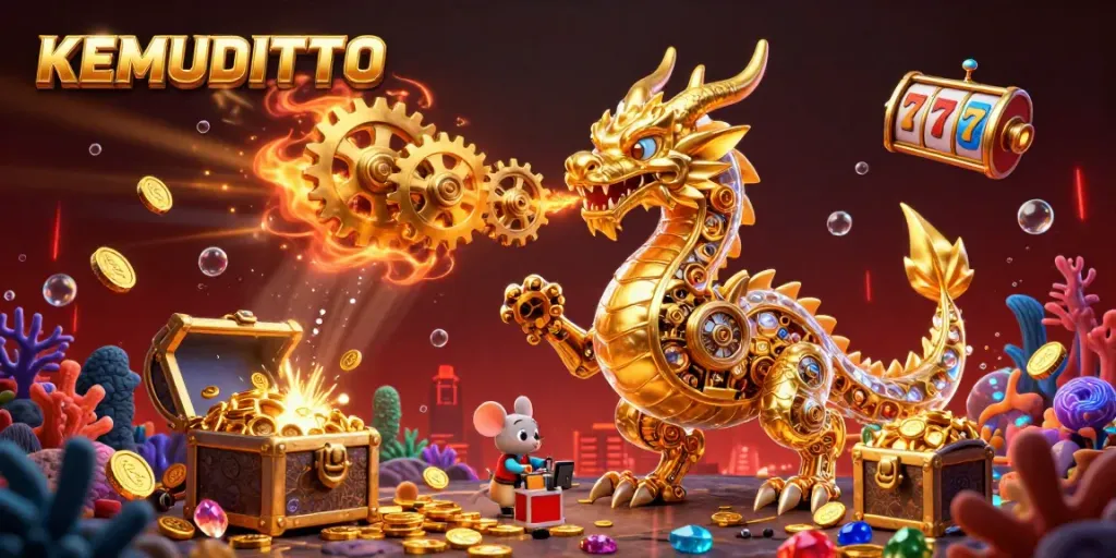 Visualisasi KEMUDITOTO dengan naga emas mekanis dalam suasana slot yang kaya akan elemen permainan.