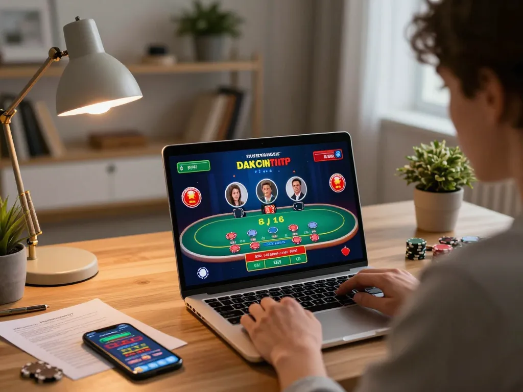 Engaging in online gaming with joylink free kredit on a laptop at a cozy home office.