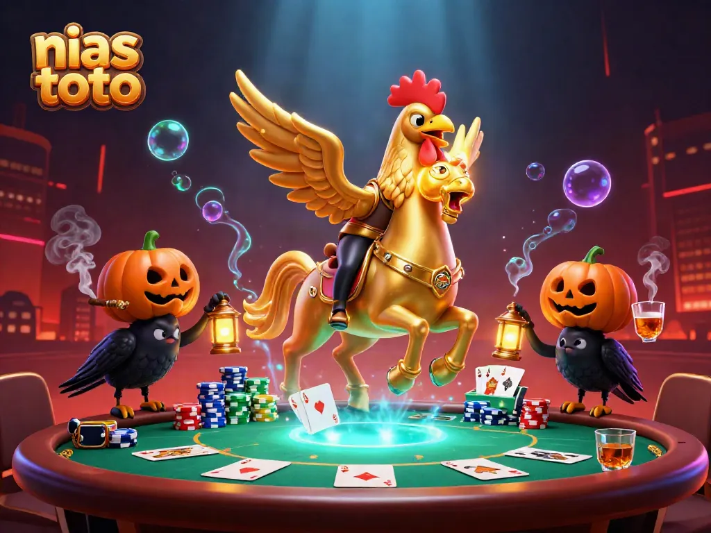Gambar nias toto menunjukkan ayam jantan emas di kasino malam penuh aksi dan keberuntungan.