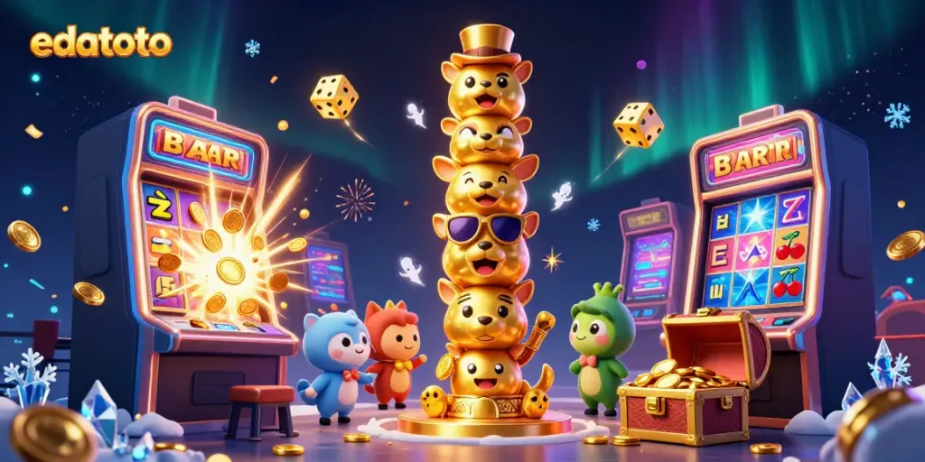 Menggandakan kesenangan dengan edatoto, simbol jackpot dan mesin slot terbuka yang berkilau.