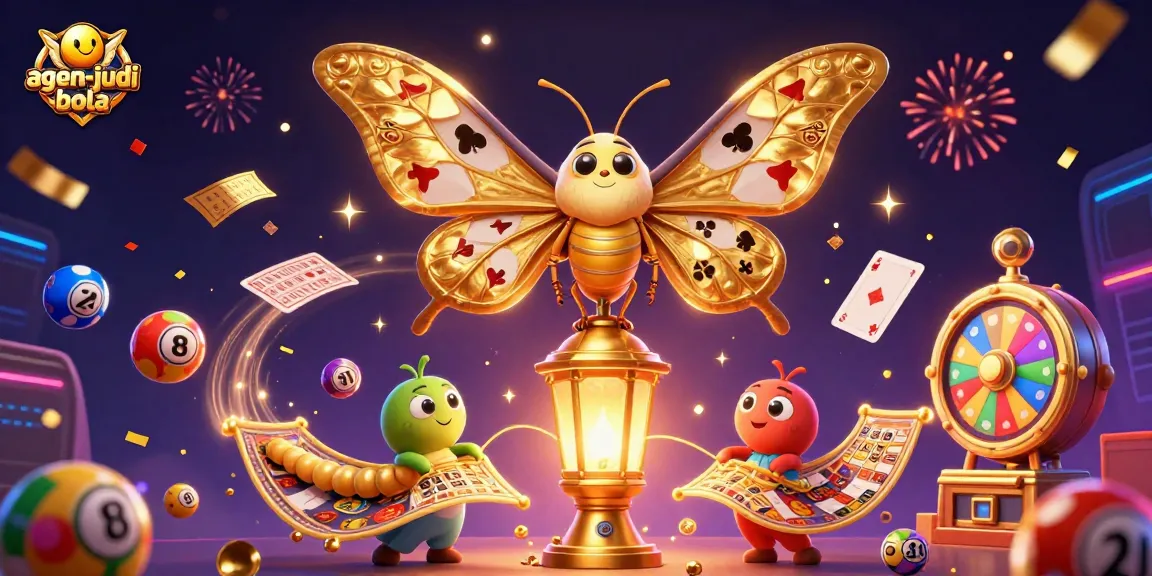 Engage in thrilling action with agen-judi-bola as golden moths and colorful lottery elements create a celebration.