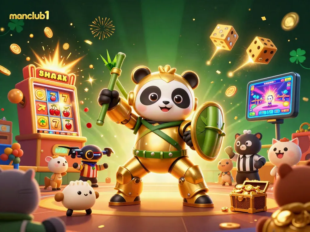 Experience thrilling gameplay at manclub1 with a golden panda robot and jackpot action in a vibrant casino scene.