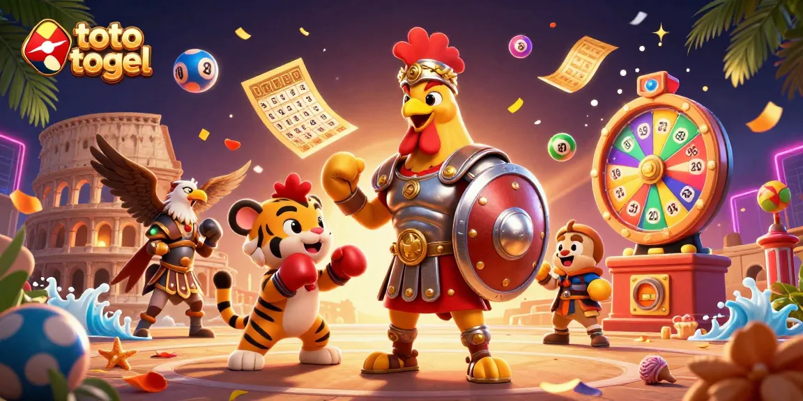 Engage with the thrilling world of toto togel through a vibrant scene of a gladiator rooster, tiger cub, and eagle amidst lottery elements.
