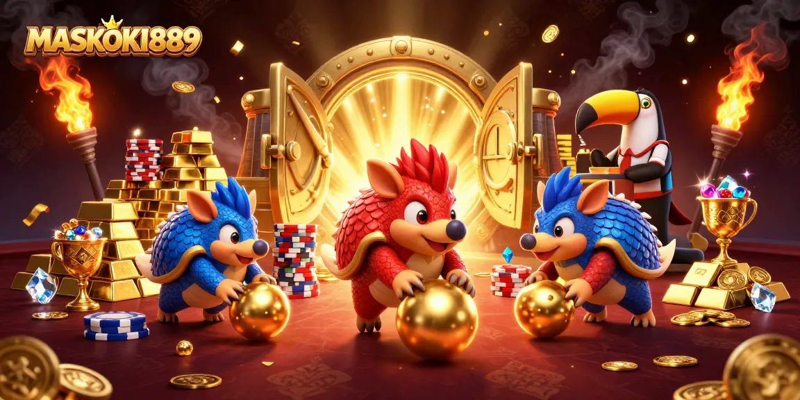 Engage with the excitement of MASKOKI889 featuring dynamic rival pangolins and poker chips in a vibrant casino scene.